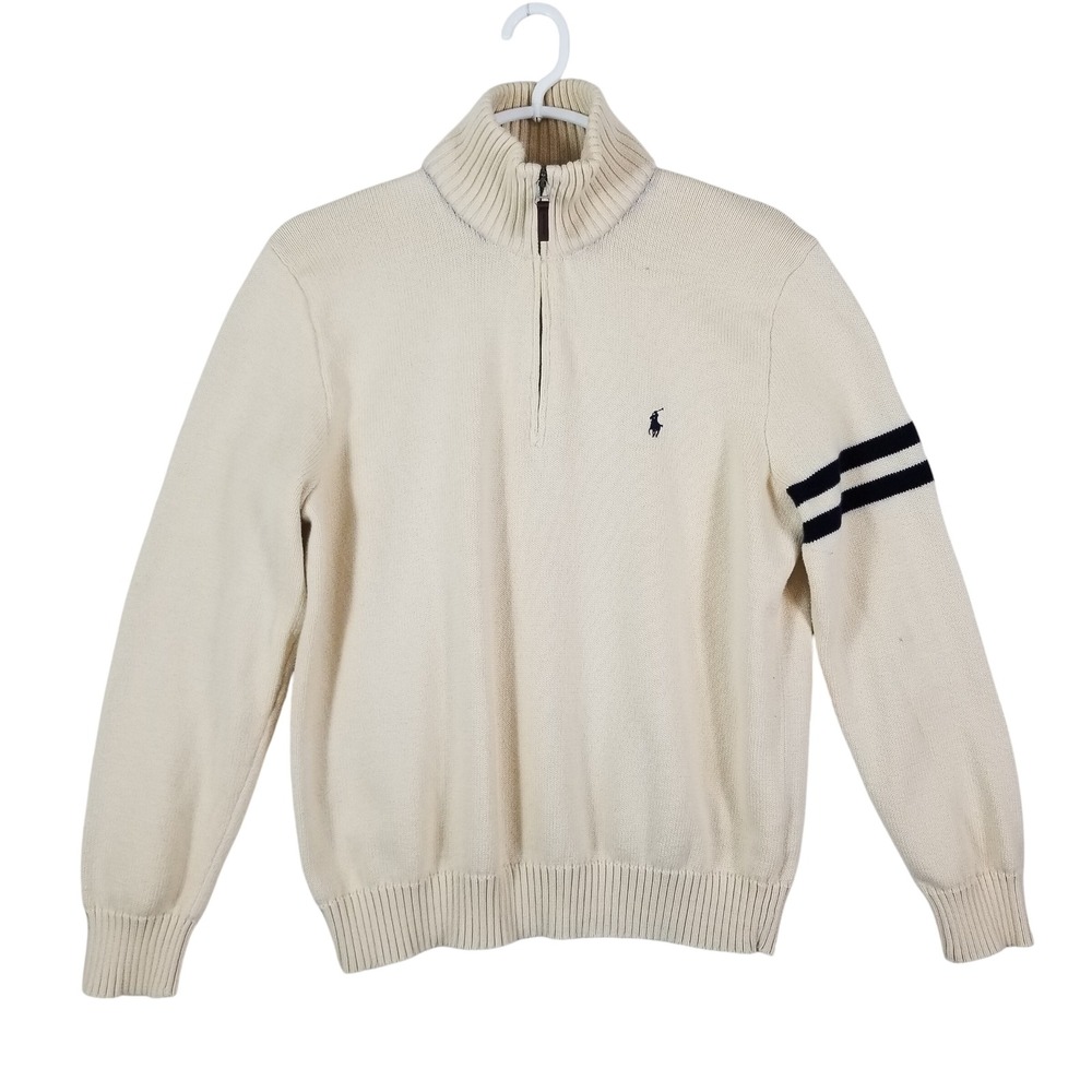 VTG Polo Ralph Lauren Men Cream Cotton Quarter Zip Sweater Navy Pony Stripe Sz L